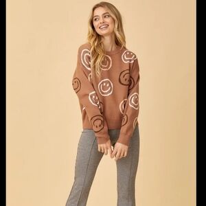 Altar'd State Smiley Face Oversized Knit Crew Neck Swester Womens Size M